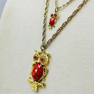 Owl Pendant Necklace Brecciated Jasper Red Gold Tone Whimsical Fairycore
